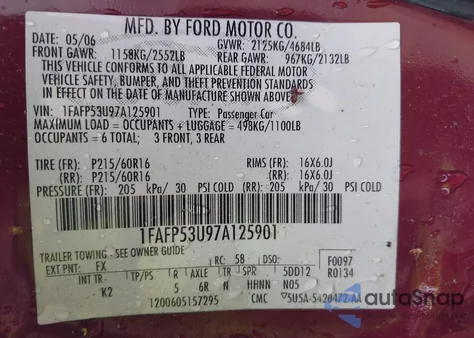 2007 Ford Taurus Se z USA, uszkodzony, nr VIN 1FAFP53U97A125901